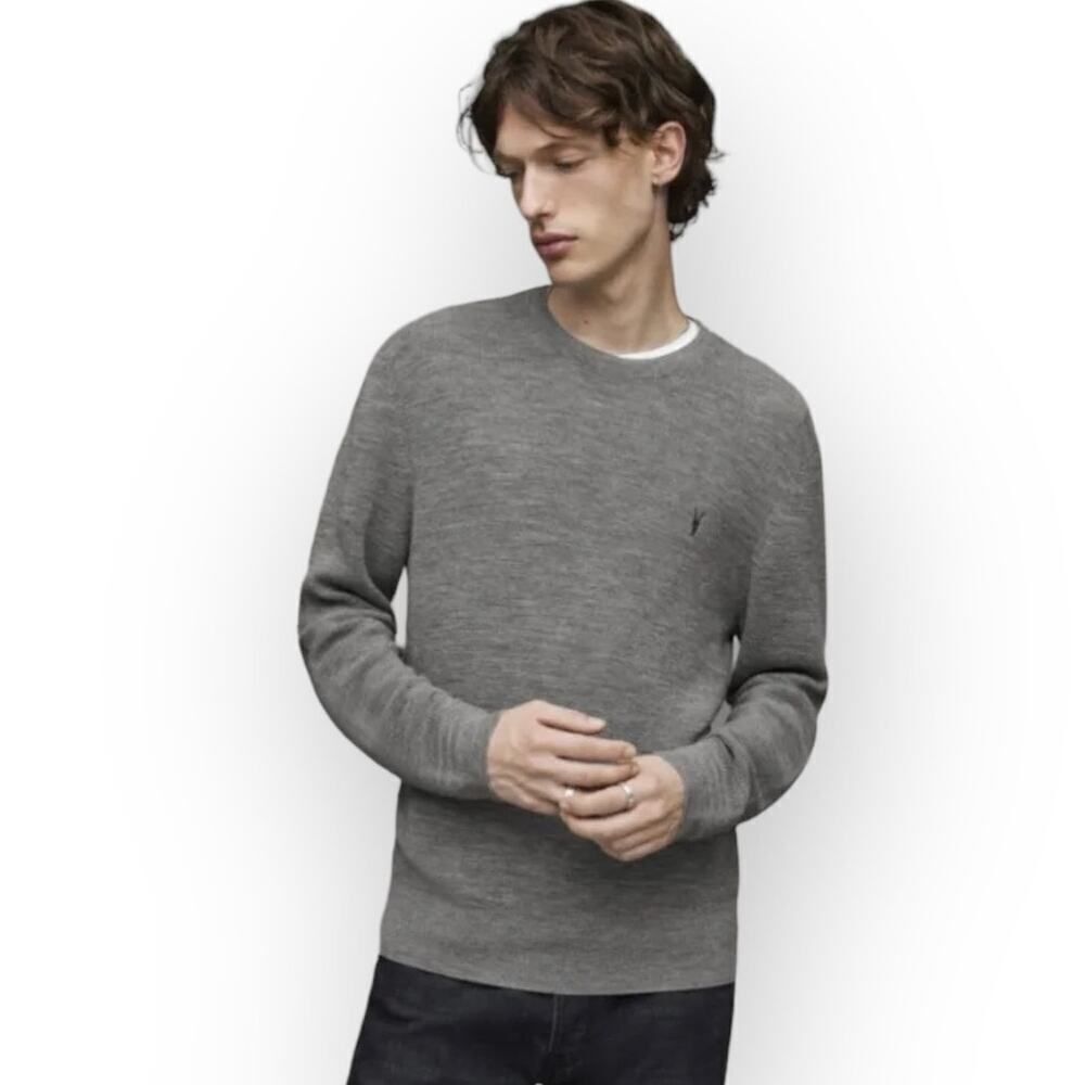 AllSaints Ivar Sweater Men's Med Gray Merino Wool Slim Fit Crewneck Long Sleeve